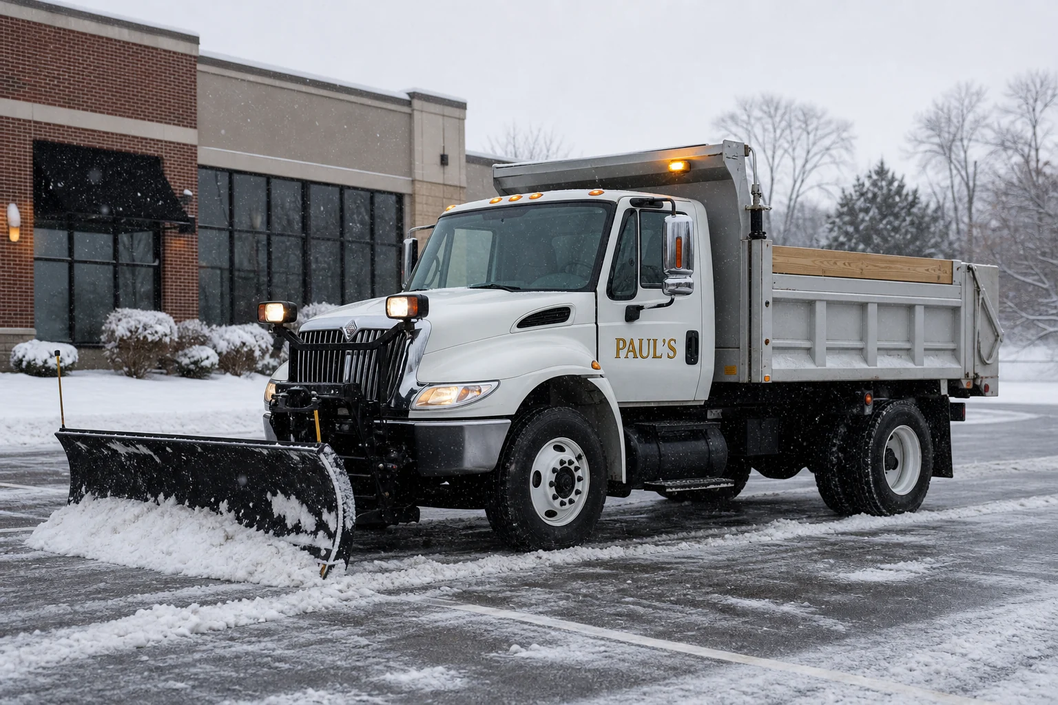 White Paul's dump truck plowing a commercial parking lot